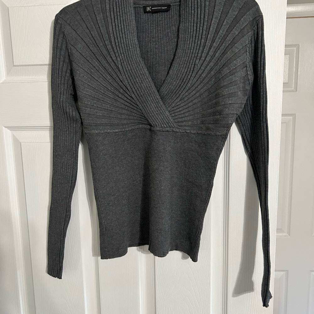 INC Gray Ribbed V-Neck Sweater
